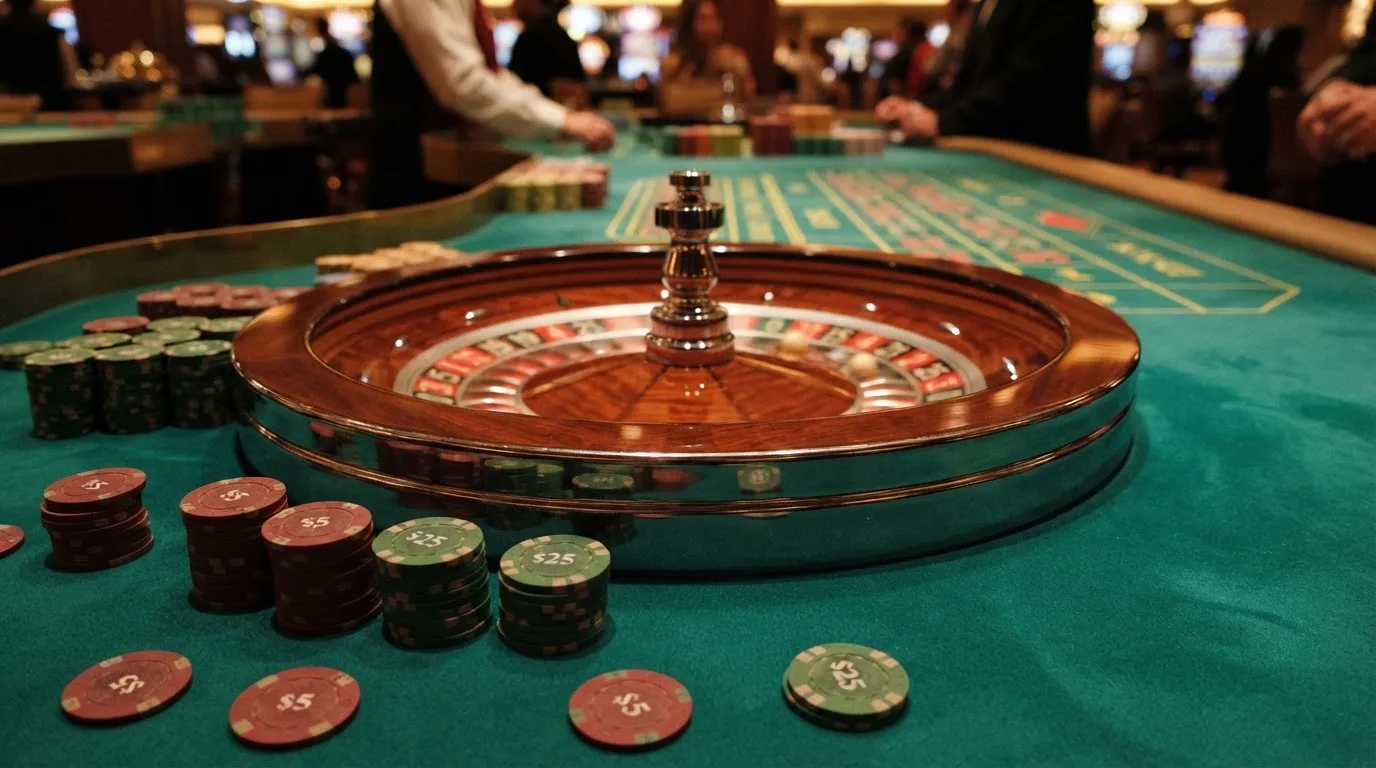 Roulettehjul och spelmarker på grön filt i varmt kvällsljus — 10 euro casino i sverige