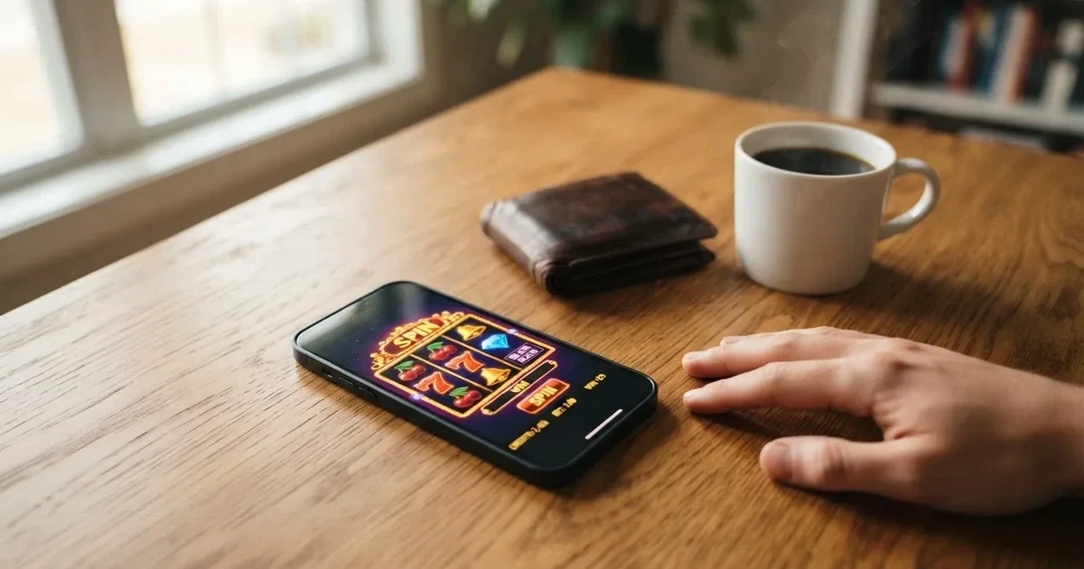 Mobiltelefon på ett träbord bredvid en plånbok och en kopp kaffe — 10 euro casino i sverige
