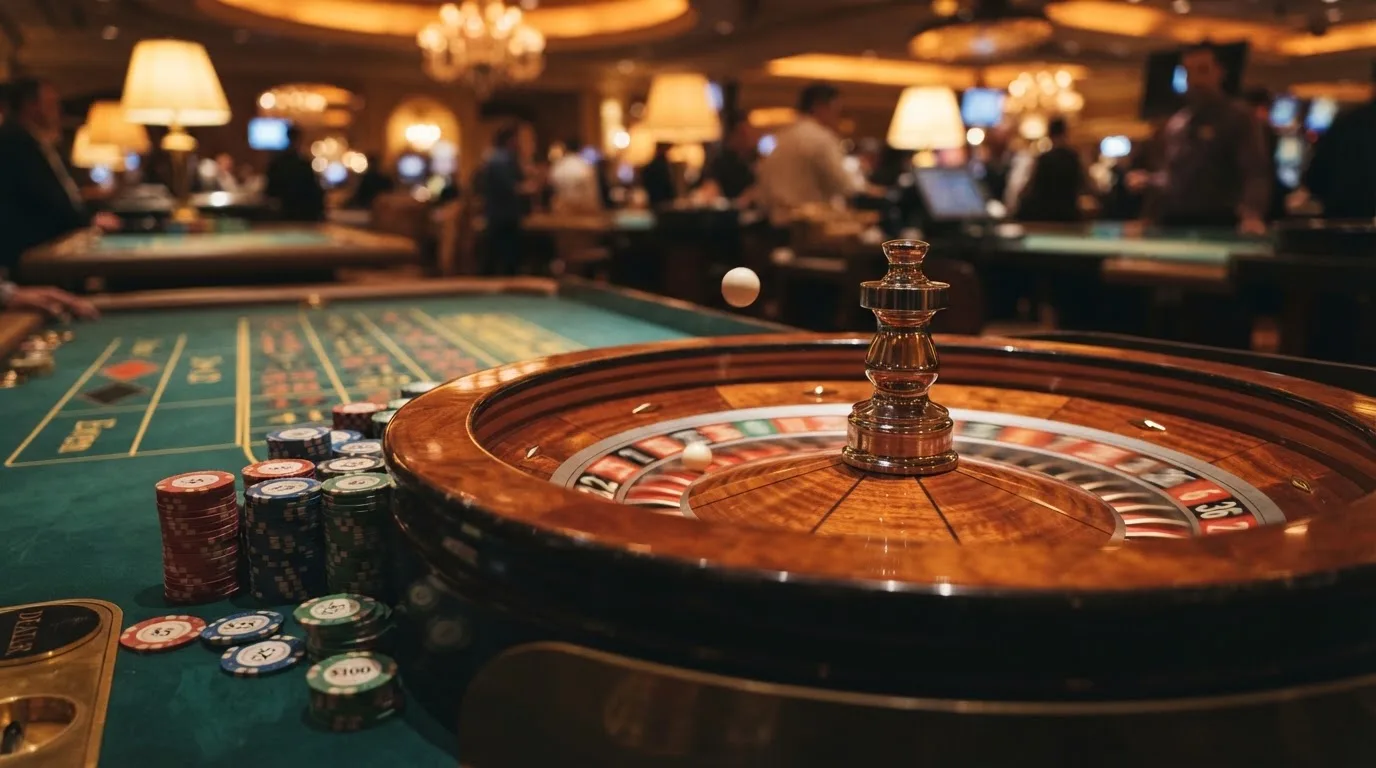 Roulettehjul och spelmarker på grön filt i varmt kvällsljus — 10 free spins casino i sverige