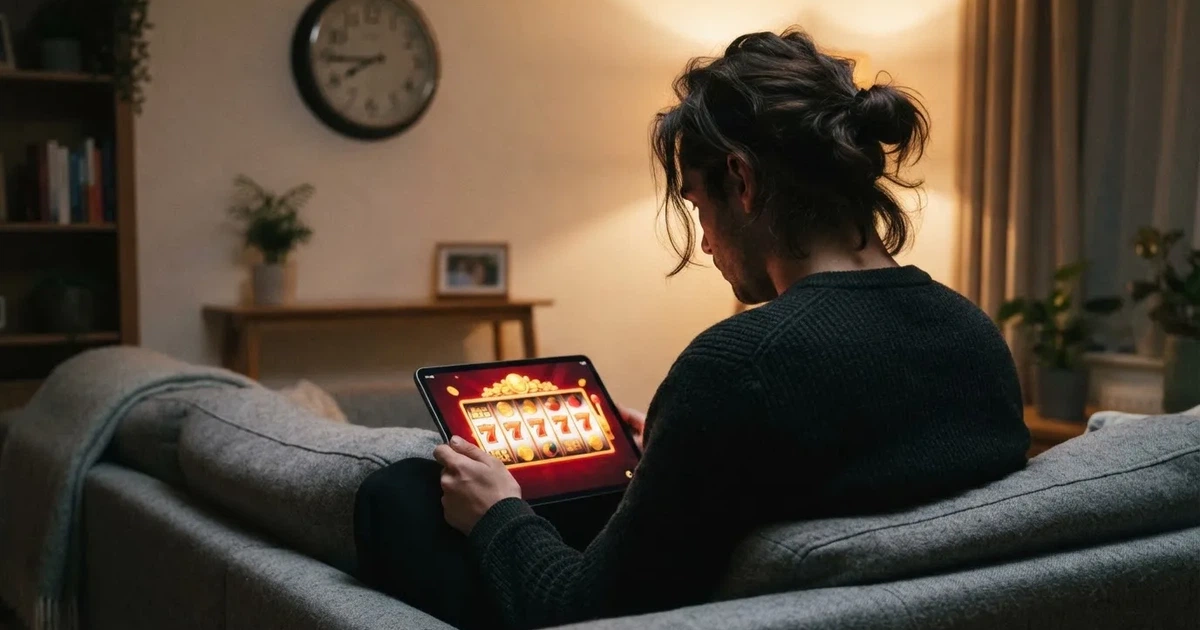 Person i en soffa ser eftertänksamt på en surfplatta, en klocka på väggen bakom — 10 free spins casino i sverige