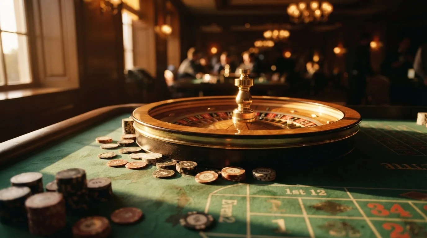 Roulettehjul och spelmarker på grön filt i varmt kvällsljus — 10 kr casino i sverige