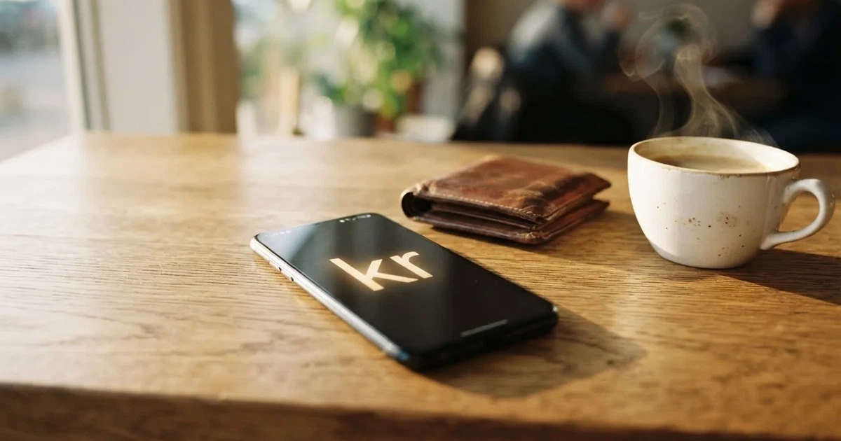 Mobiltelefon på ett träbord bredvid en plånbok och en kopp kaffe — 10 kr casino i sverige