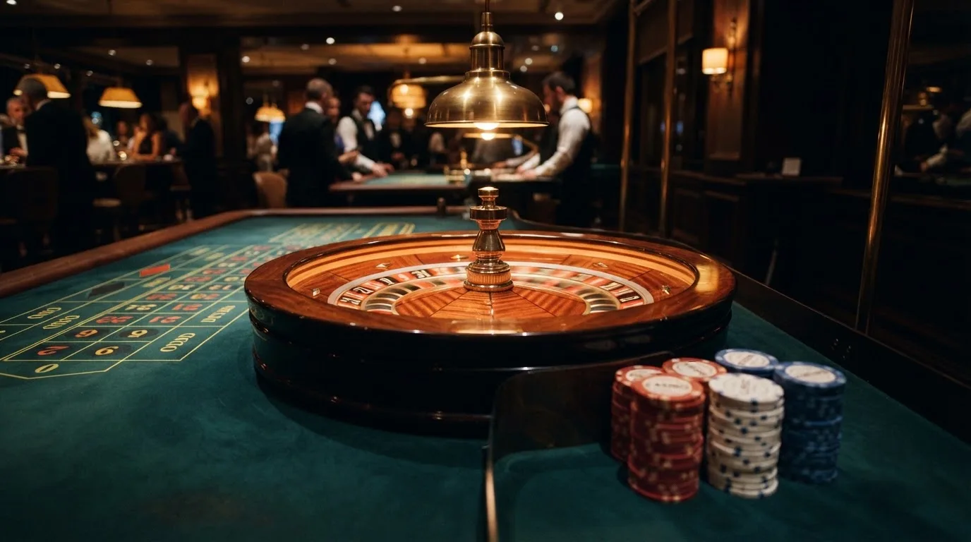 Roulettehjul och spelmarker på grön filt i varmt kvällsljus — 100 euro casino i sverige
