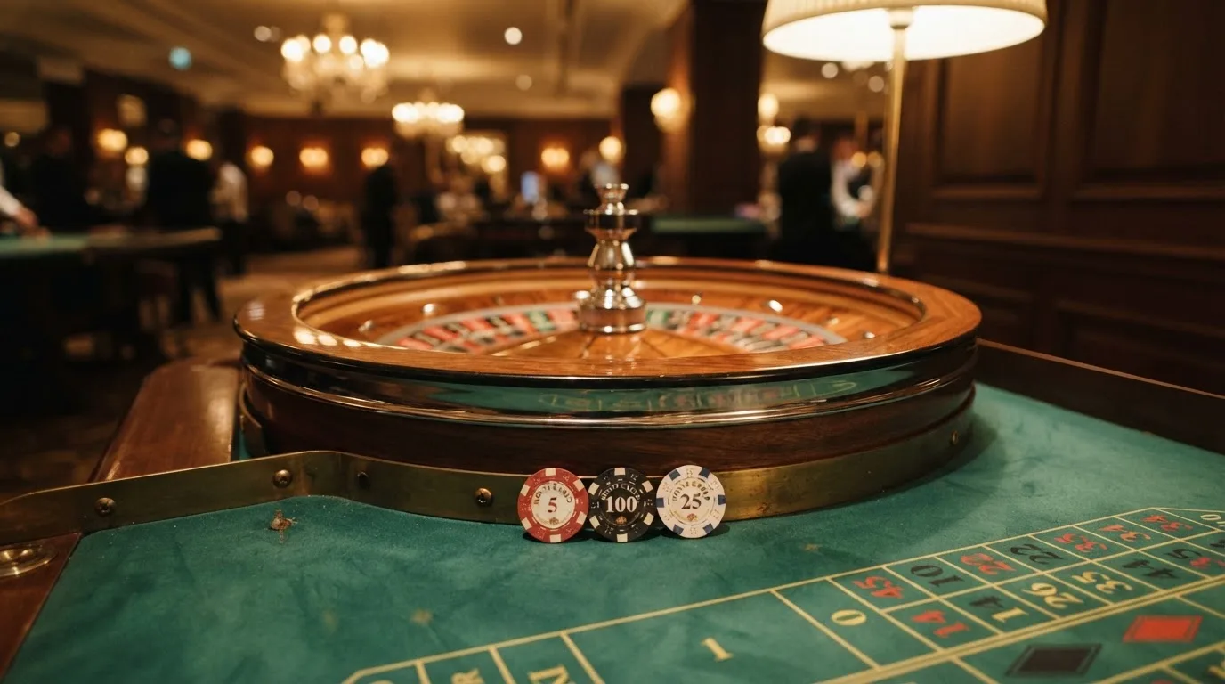 Roulettehjul och spelmarker på grön filt i varmt kvällsljus — 100 free spins casino i sverige