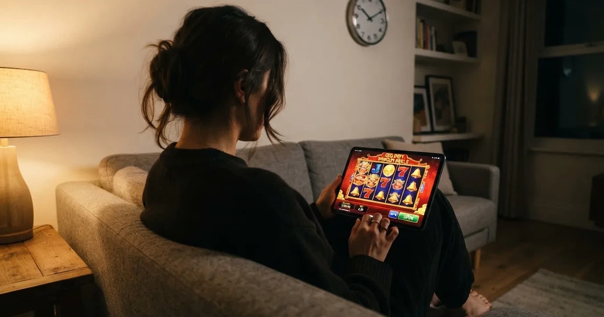 Person i en soffa ser eftertänksamt på en surfplatta, en klocka på väggen bakom — 100 free spins casino i sverige