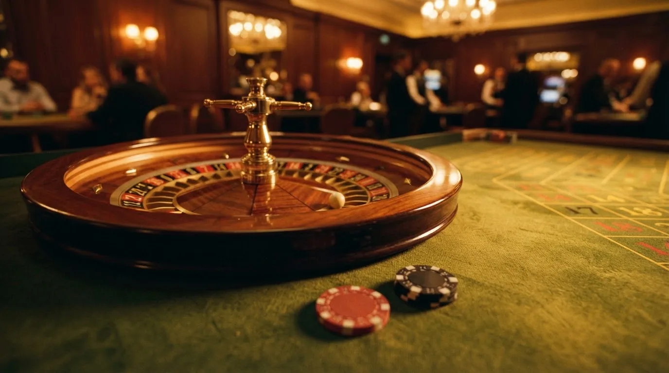 Roulettehjul och spelmarker på grön filt i varmt kvällsljus — 150 free spins casino i sverige