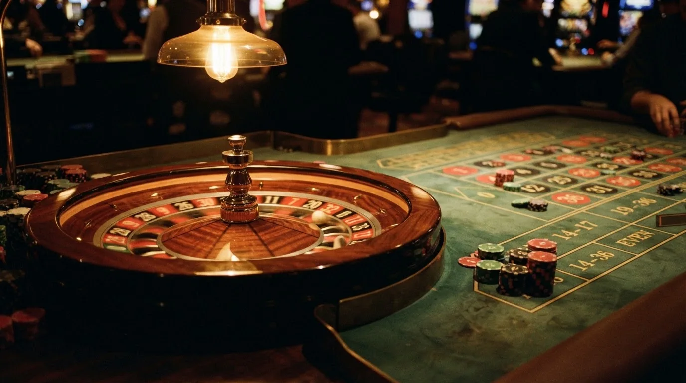 Roulettehjul och spelmarker på grön filt i varmt kvällsljus — bästa blackjack i sverige