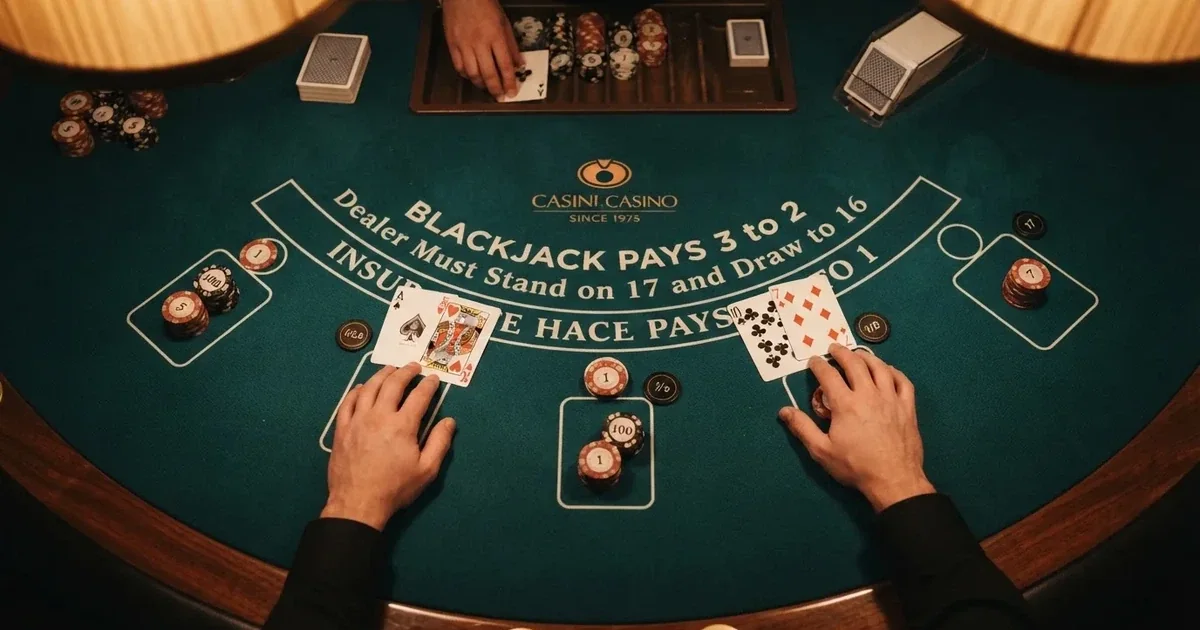 Upplyst spelbord med kort, sett ovanifrån — bästa blackjack i sverige
