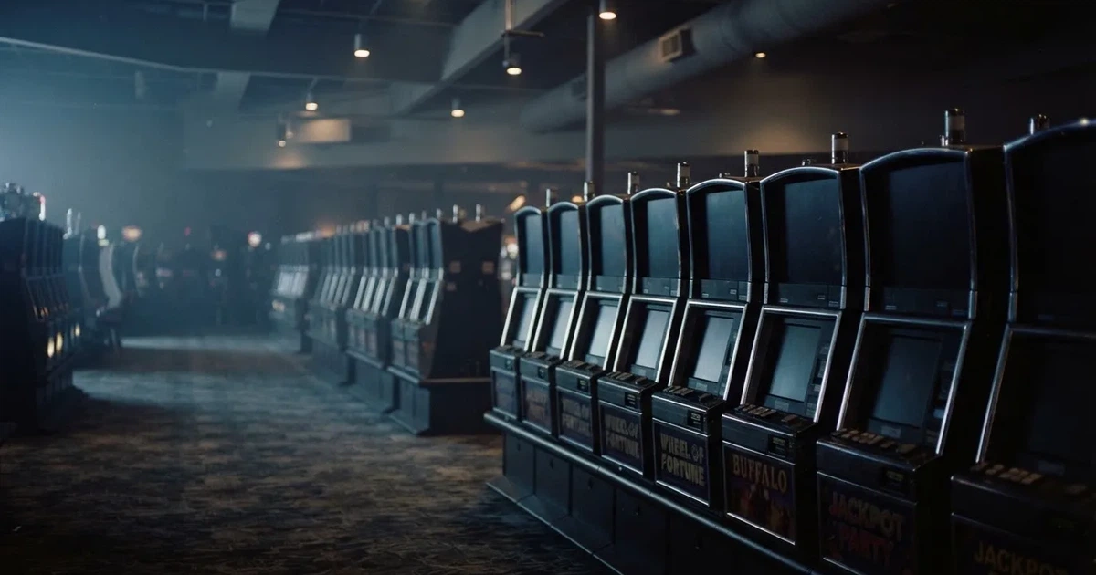 Rader av tomma spelautomater med släckta skärmar står uppställda i ett dimmat rum, fotograferat snett från sidan.