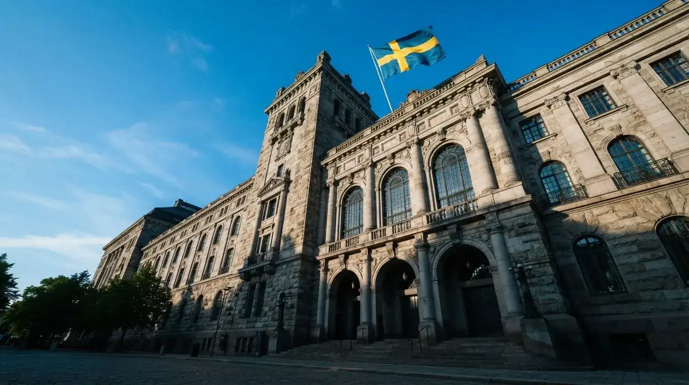 Ett gammalt stadshus i sten fotograferat underifrån mot en klarblå himmel, med den svenska flaggan som fladdrar ovanför entrén.