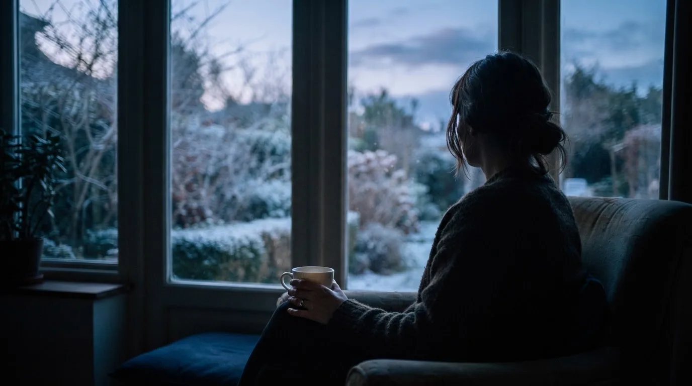 En person sitter ensam vid ett fönster i skymningen och håller en tekopp, med en rofylld vinterträdgård synlig utanför glaset.