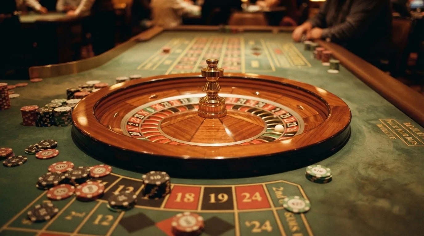 Roulettehjul och spelmarker på grön filt i varmt kvällsljus — blackjack gratis i sverige