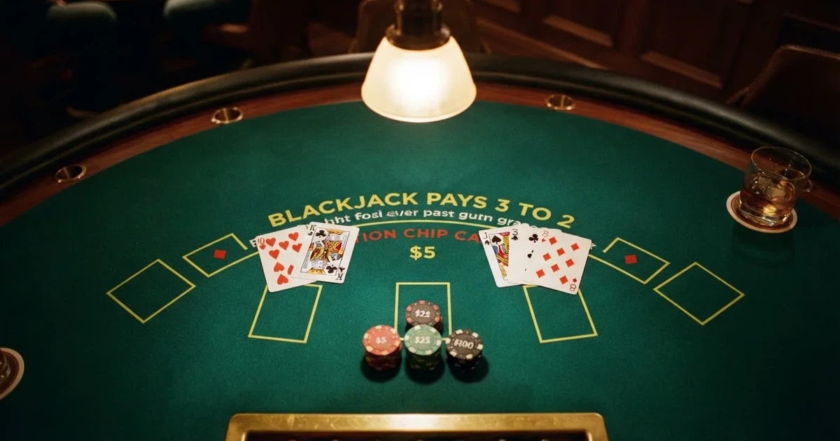 Upplyst spelbord med kort, sett ovanifrån — blackjack gratis i sverige