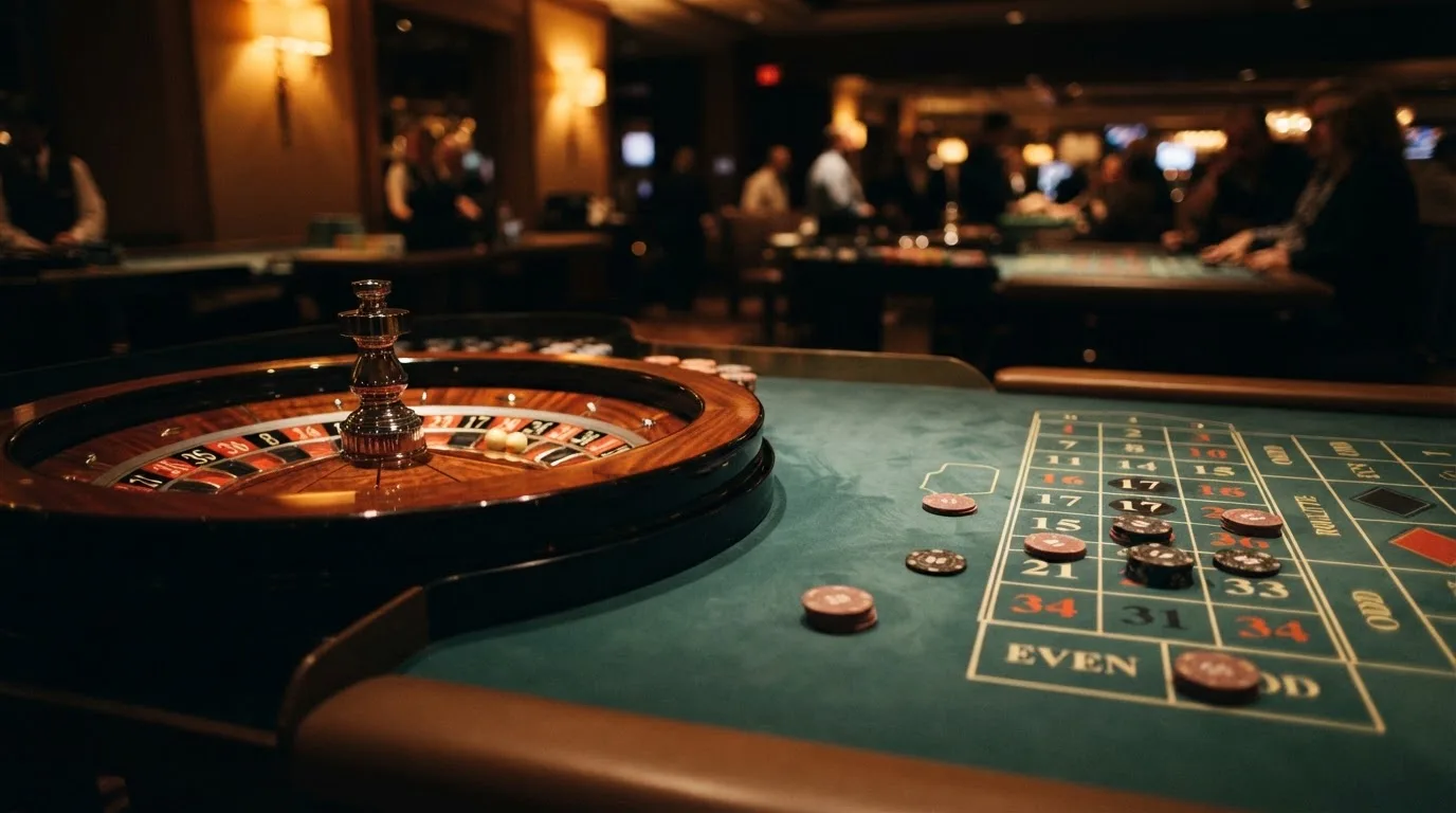 Roulettehjul och spelmarker på grön filt i varmt kvällsljus — blackjack med live dealer i sverige