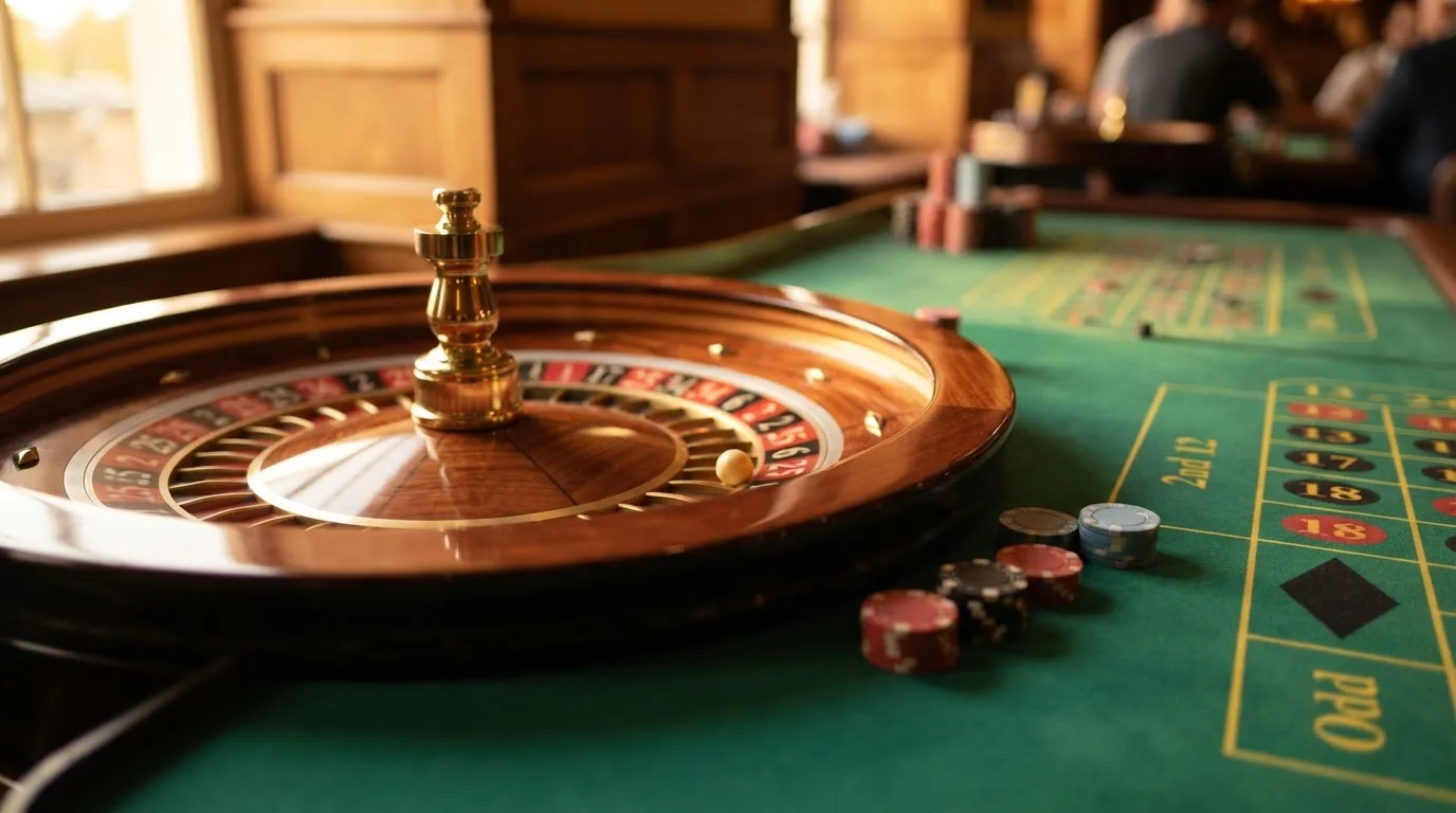 Roulettehjul och spelmarker på grön filt i varmt kvällsljus — blackjack på nätet i sverige