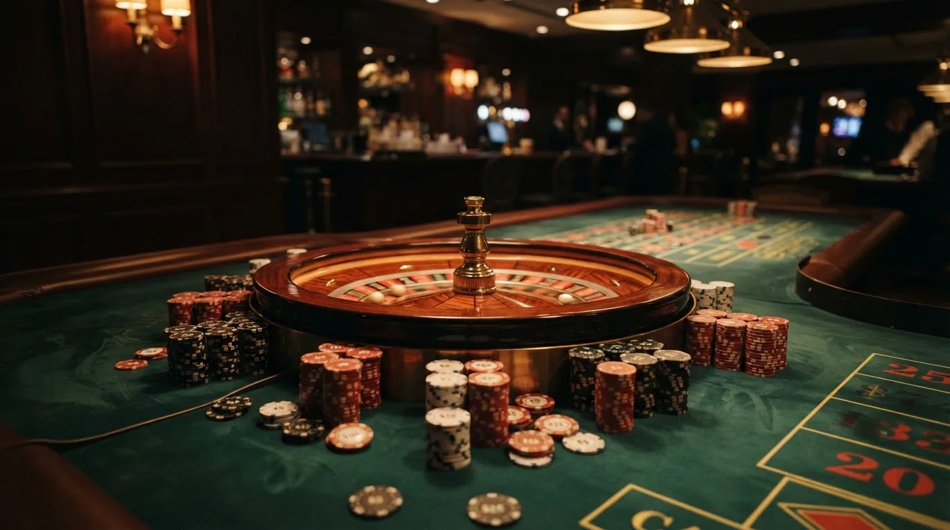 Roulettehjul och spelmarker på grön filt i varmt kvällsljus — bra svenska casinon