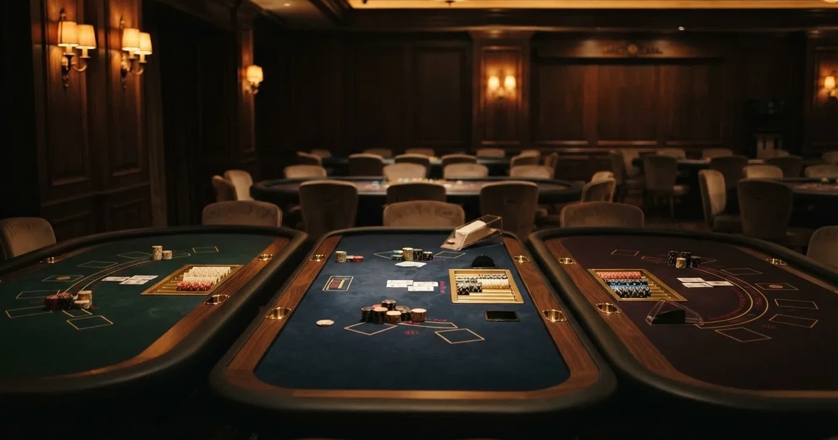 Tre olika spelbord bredvid varandra i en lugn, varmt upplyst spelsal — bra svenska casinon