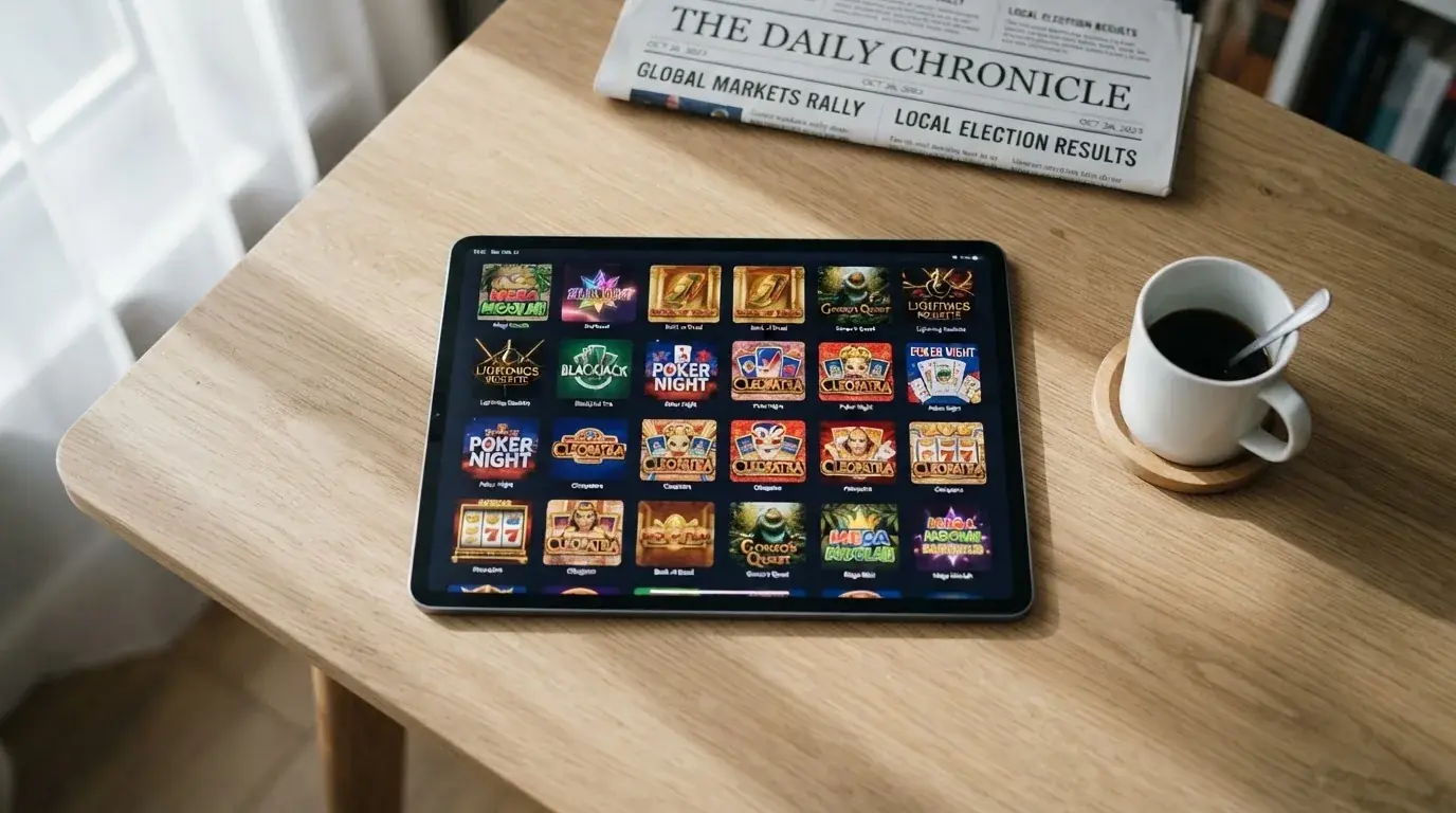 En person sitter vid ett skrivbord hemma med en surfplatta nedvänd bredvid en kopp kaffe i morgonljus.