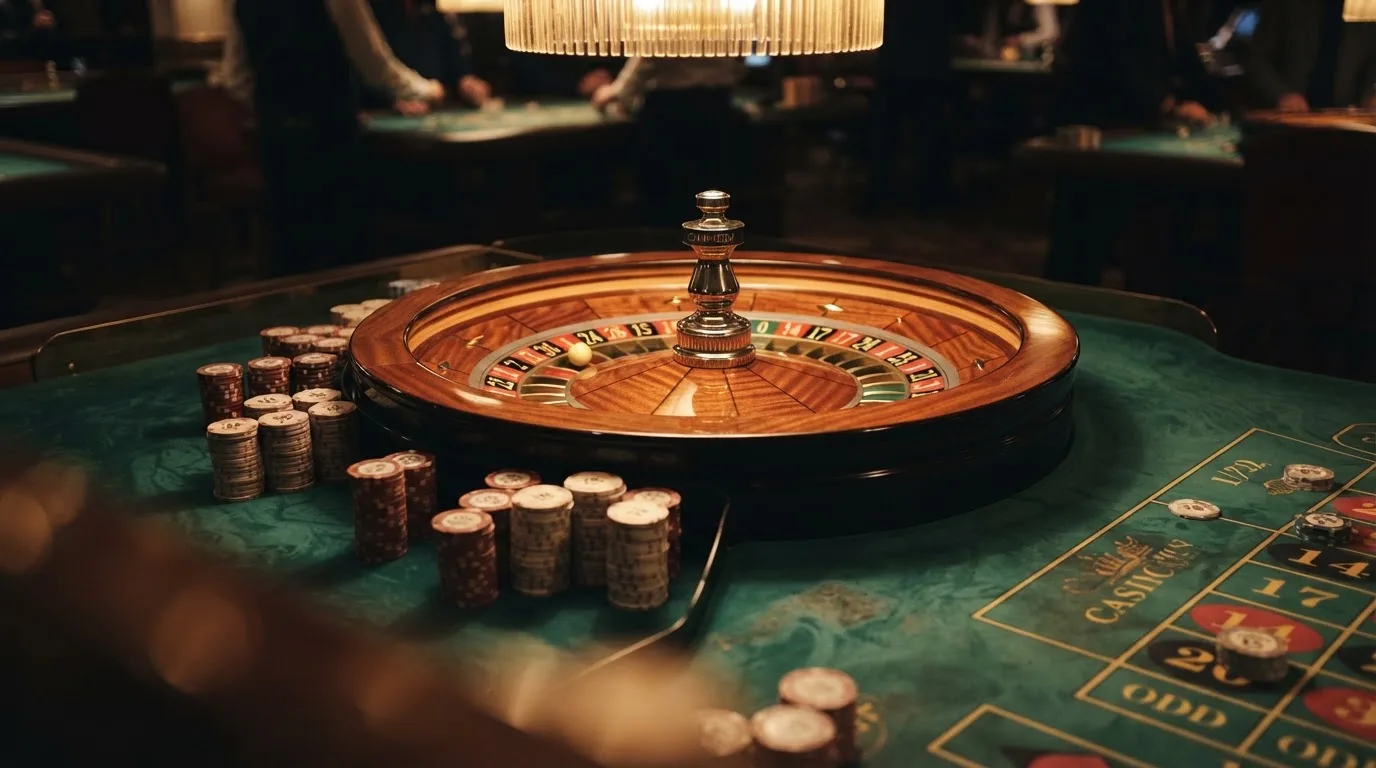 Roulettehjul och spelmarker på grön filt i varmt kvällsljus — casino regler för svenskar