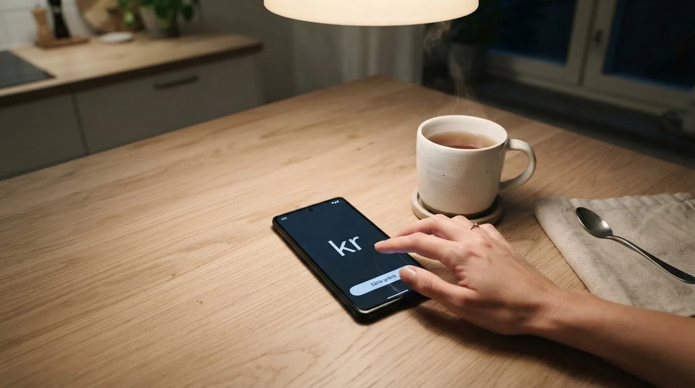 Hand håller en mobiltelefon bredvid en kopp te vid ett köksbord en lugn kväll — casino regler för svenskar