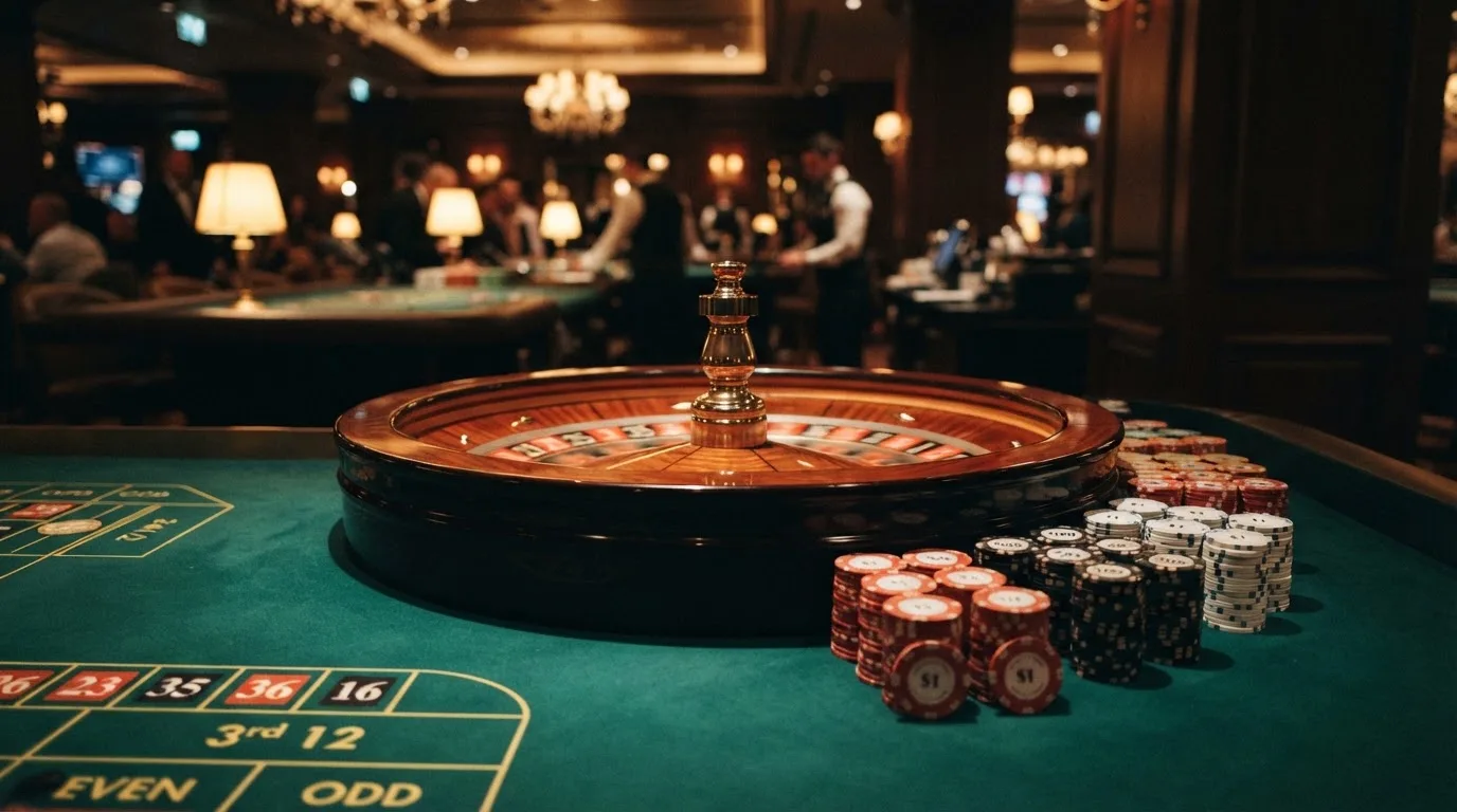 Roulettehjul och spelmarker på grön filt i varmt kvällsljus — casinon med bankid i sverige