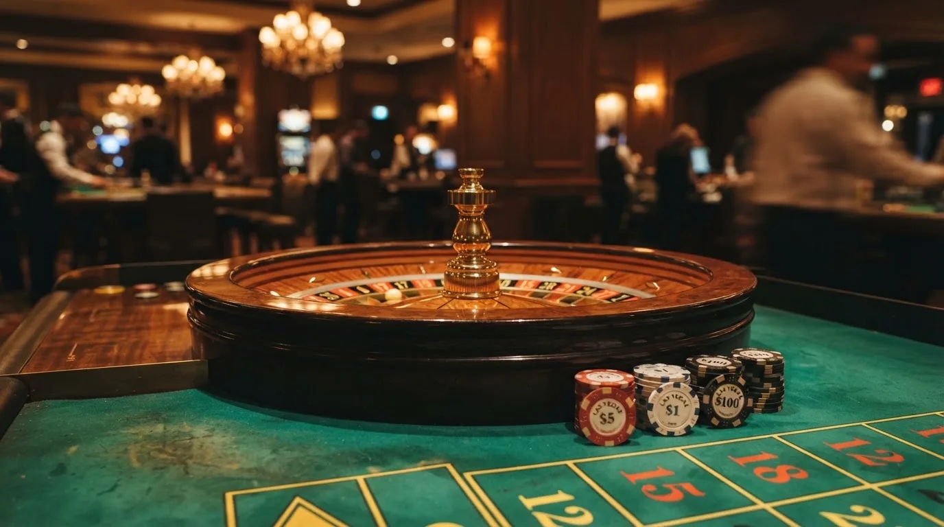 Roulettehjul och spelmarker på grön filt i varmt kvällsljus — casinon med curaçao licens