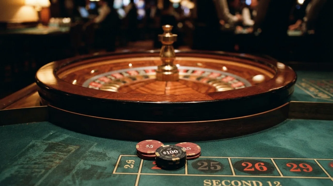 Roulettehjul och spelmarker på grön filt i varmt kvällsljus — casinon med jackpot i sverige