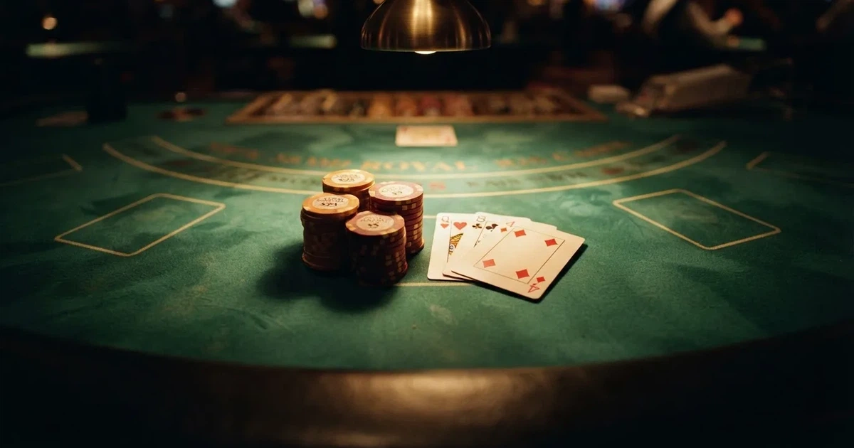 Upplyst spelbord med kort, sett ovanifrån — casinon med jackpot i sverige