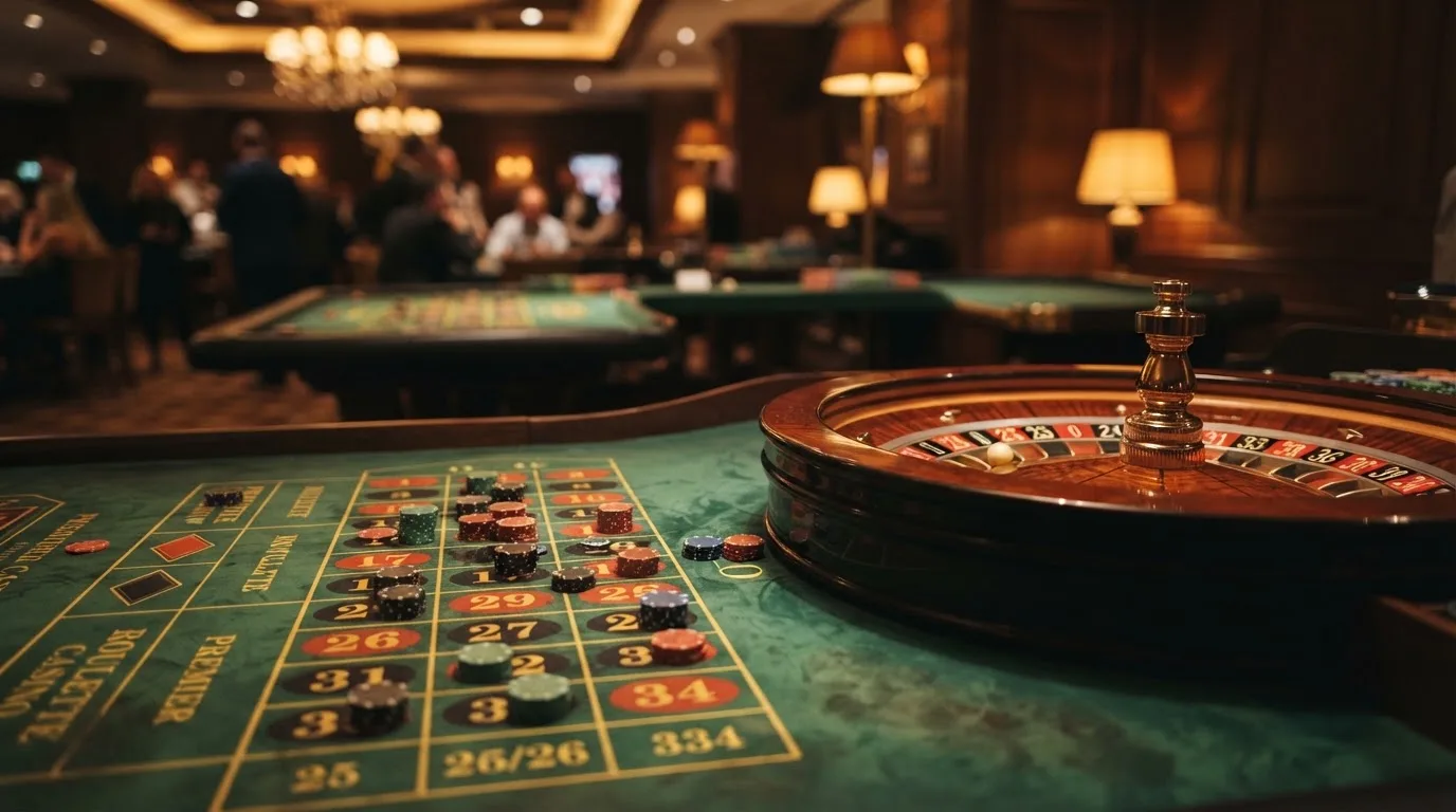 Roulettehjul och spelmarker på grön filt i varmt kvällsljus — casinon med slots i sverige