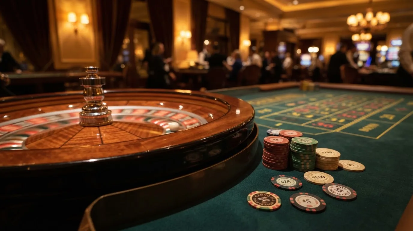 Roulettehjul och spelmarker på grön filt i varmt kvällsljus — casinon med spelautomater i sverige
