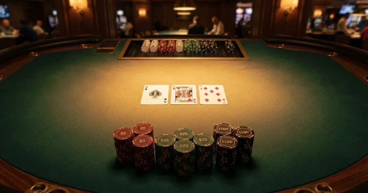 Upplyst spelbord med kort, sett ovanifrån — casinon med spelautomater i sverige