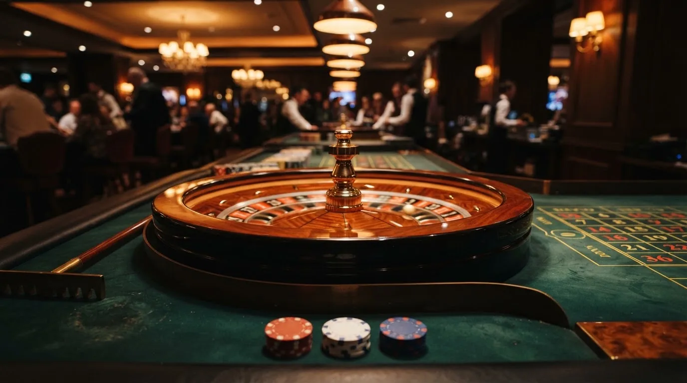 Roulettehjul och spelmarker på grön filt i varmt kvällsljus — casinon med uttag i sverige