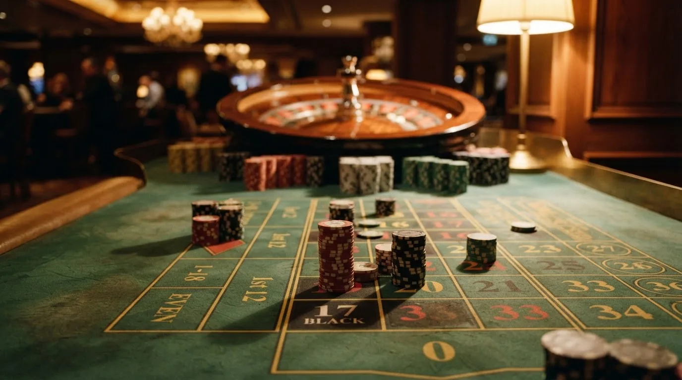 Roulettehjul och spelmarker på grön filt i varmt kvällsljus — casinon utan bankid i sverige