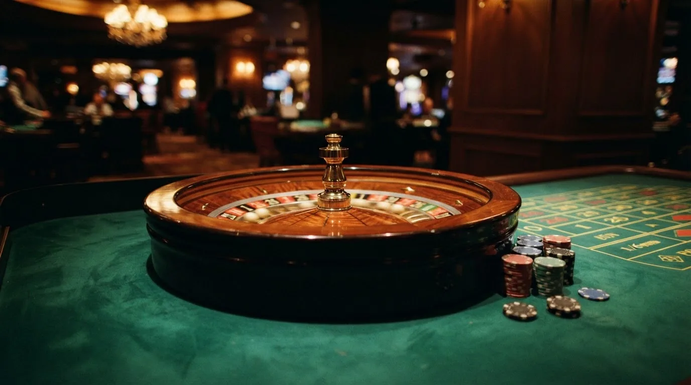 Roulettehjul och spelmarker på grön filt i varmt kvällsljus — casinon utan spelgräns i sverige