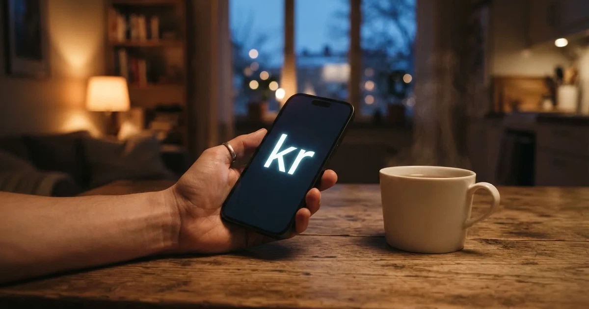 Hand håller en mobiltelefon bredvid en kopp te vid ett köksbord en lugn kväll — casinon utan spelgräns i sverige