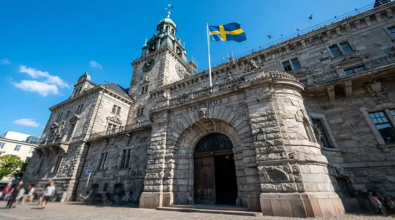 Ett gammalt stadshus i sten fotograferat underifrån mot en klarblå himmel, med den svenska flaggan som fladdrar ovanför entrén.