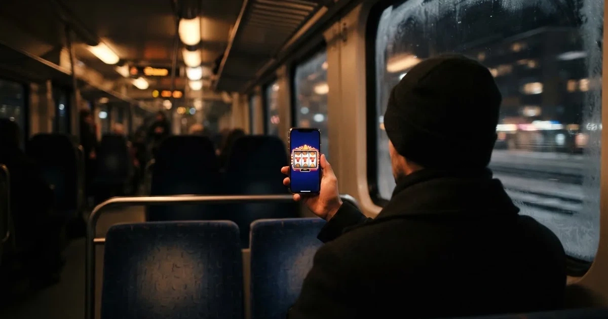 Mobiltelefon i handen på en pendeltåg i Stockholm en vinterkväll — mobil kasino i sverige