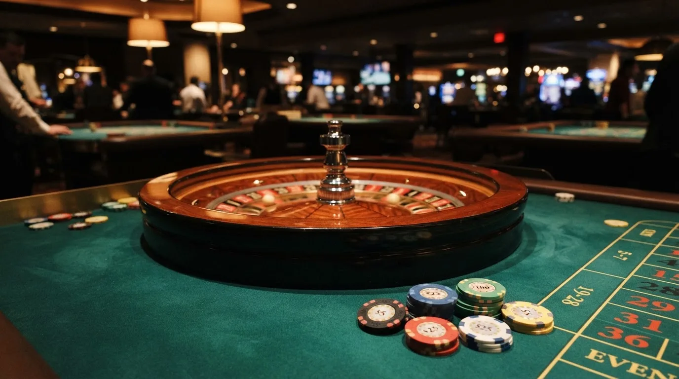 Roulettehjul och spelmarker på grön filt i varmt kvällsljus — svenska casinon med bitcoin