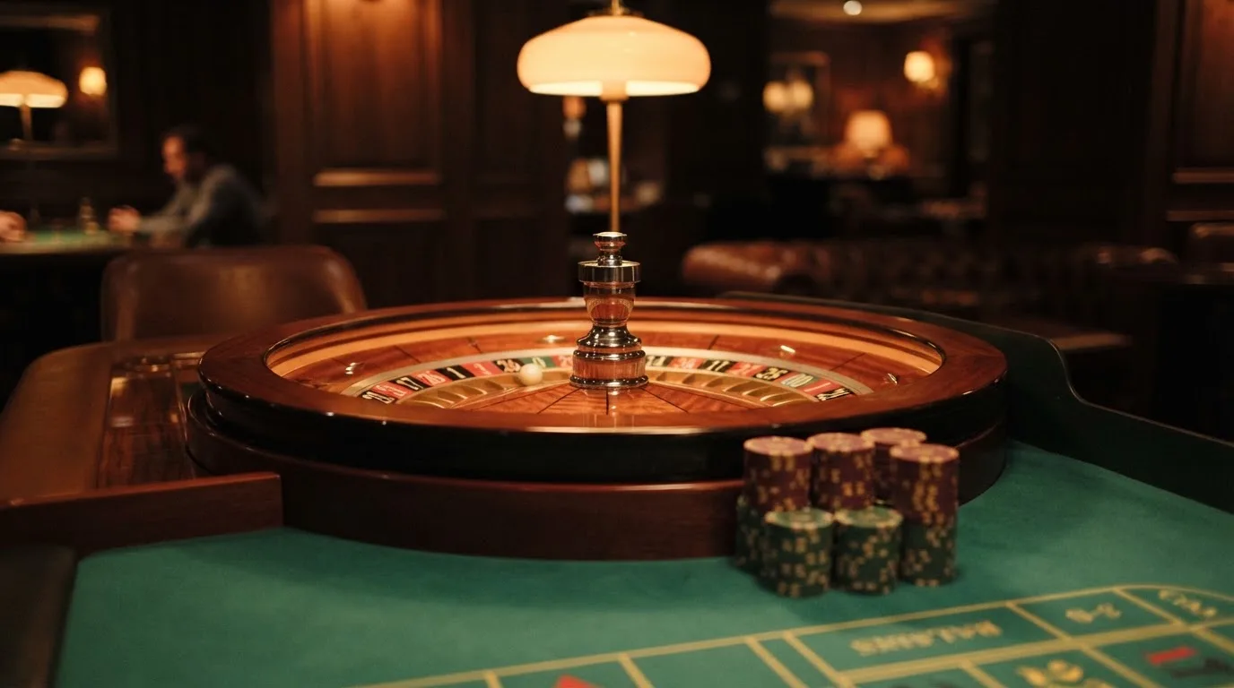 Roulettehjul och spelmarker på grön filt i varmt kvällsljus — svenska casinon med dogecoin