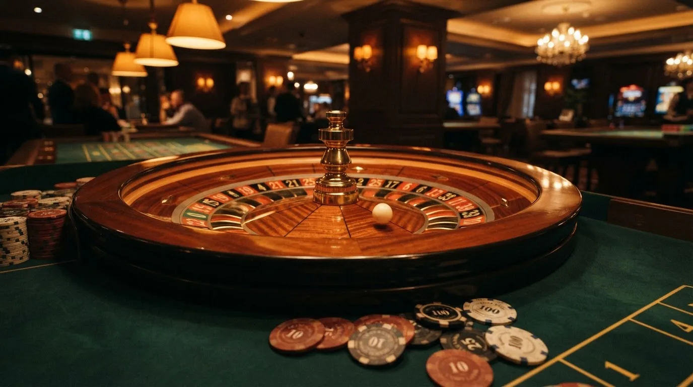 Roulettehjul och spelmarker på grön filt i varmt kvällsljus — svenska casinon på android