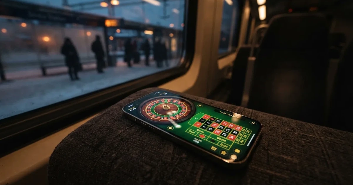 Mobiltelefon i handen på en pendeltåg i Stockholm en vinterkväll — svenska casinon på android